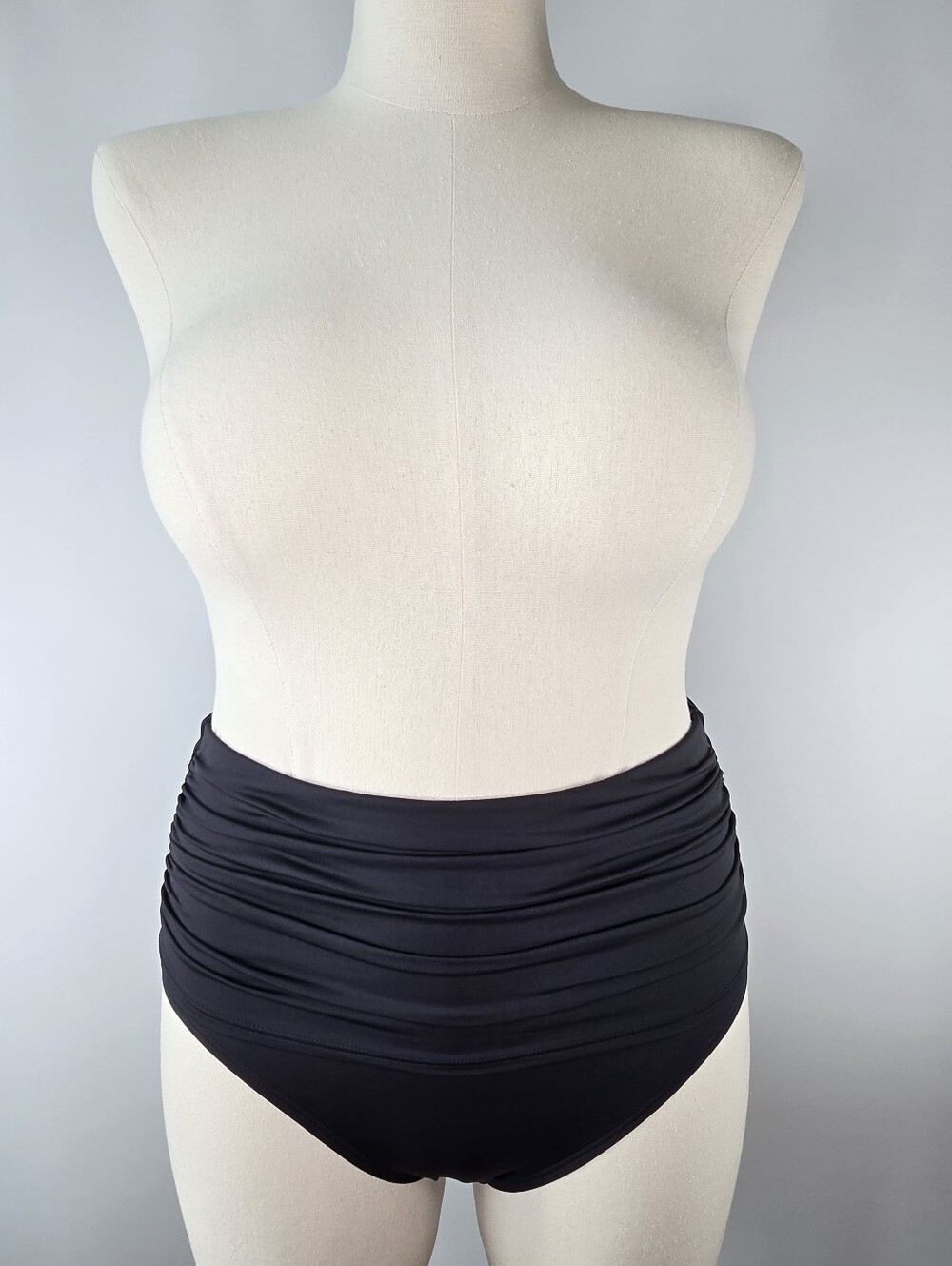 Lands' End Black Ruched High Waist Bikini Swim Bottom Full Coverage Size 12